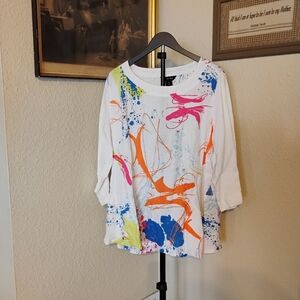 Ali Miles White Top with Vibrant Paint Abstract Splatter Design Tunic